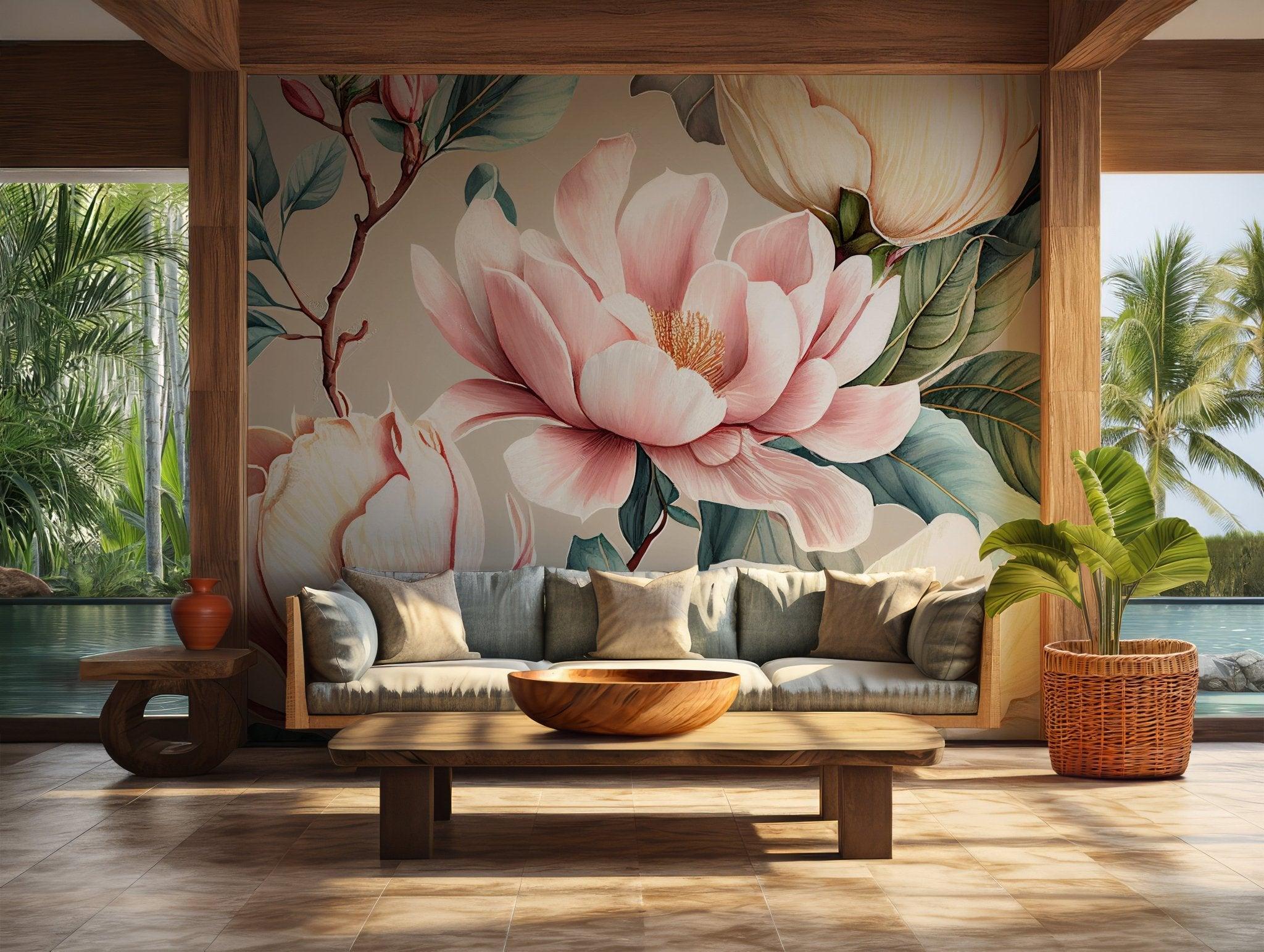 Watercolor Magnolia Peonies Pink Wall Mural - Elegant Wallpaper Self Adhesive Floral Decor BV163