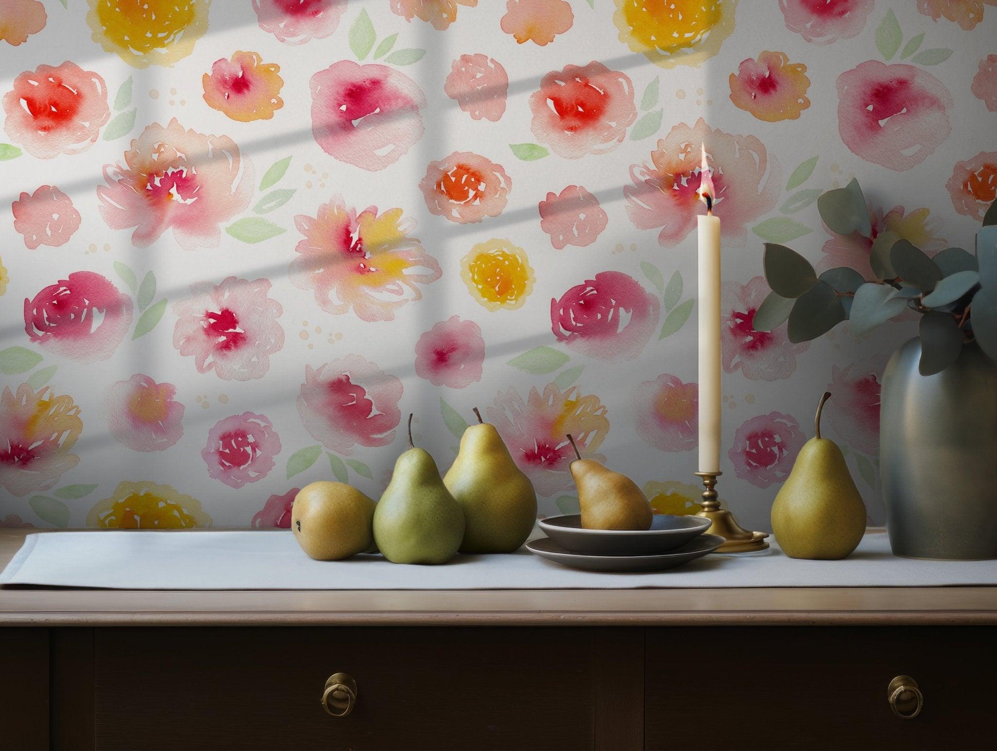 Watercolor Pink and Yellow Flower Wall Paper - Peel and Stick Charming Soft Hand Drawn - Botanical Design Self Adhesive Wallpaper BV086