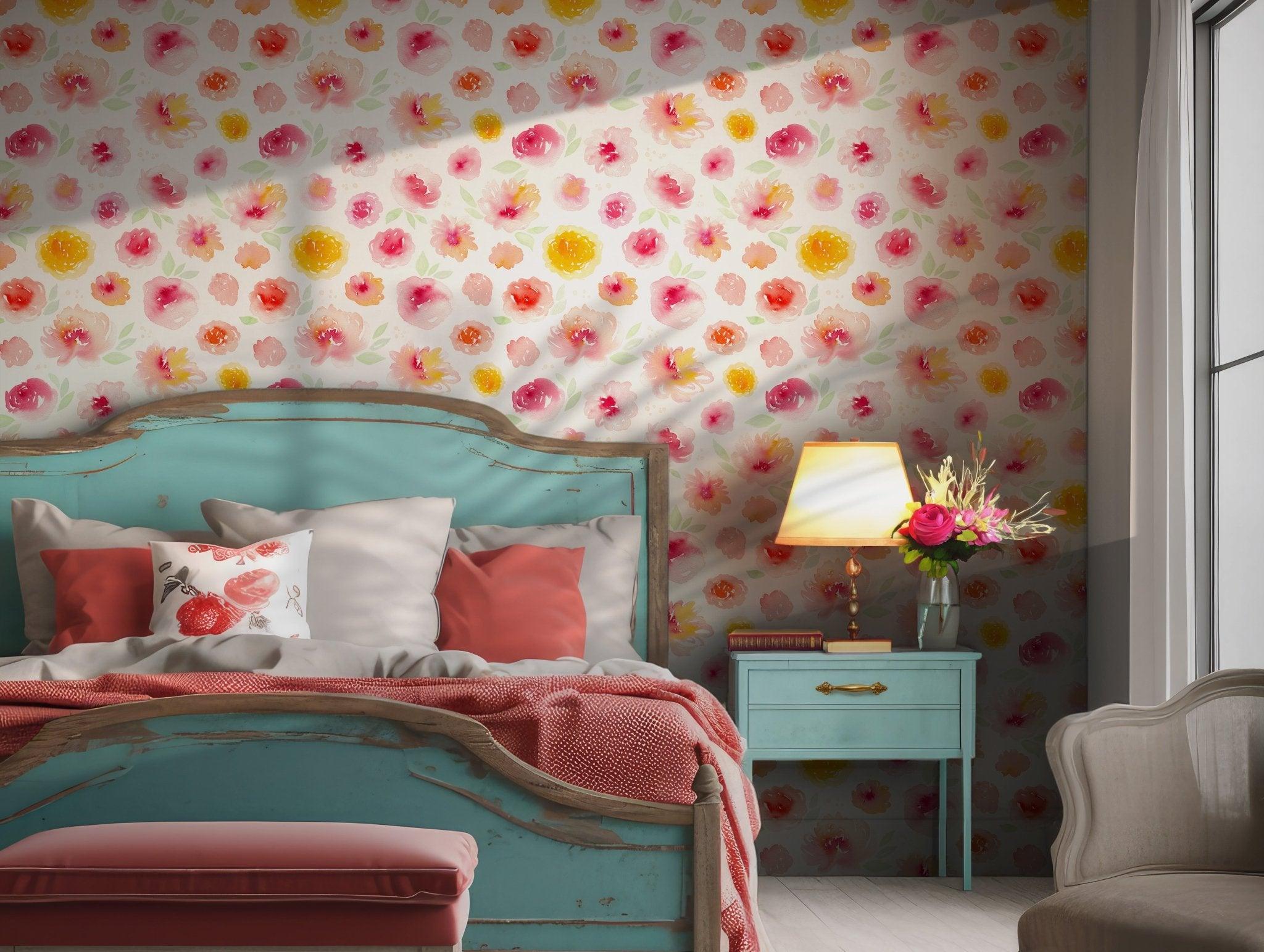 Pink and Yellow Flower Wallpaper - Peel and Stick - Charming Botanical BV086