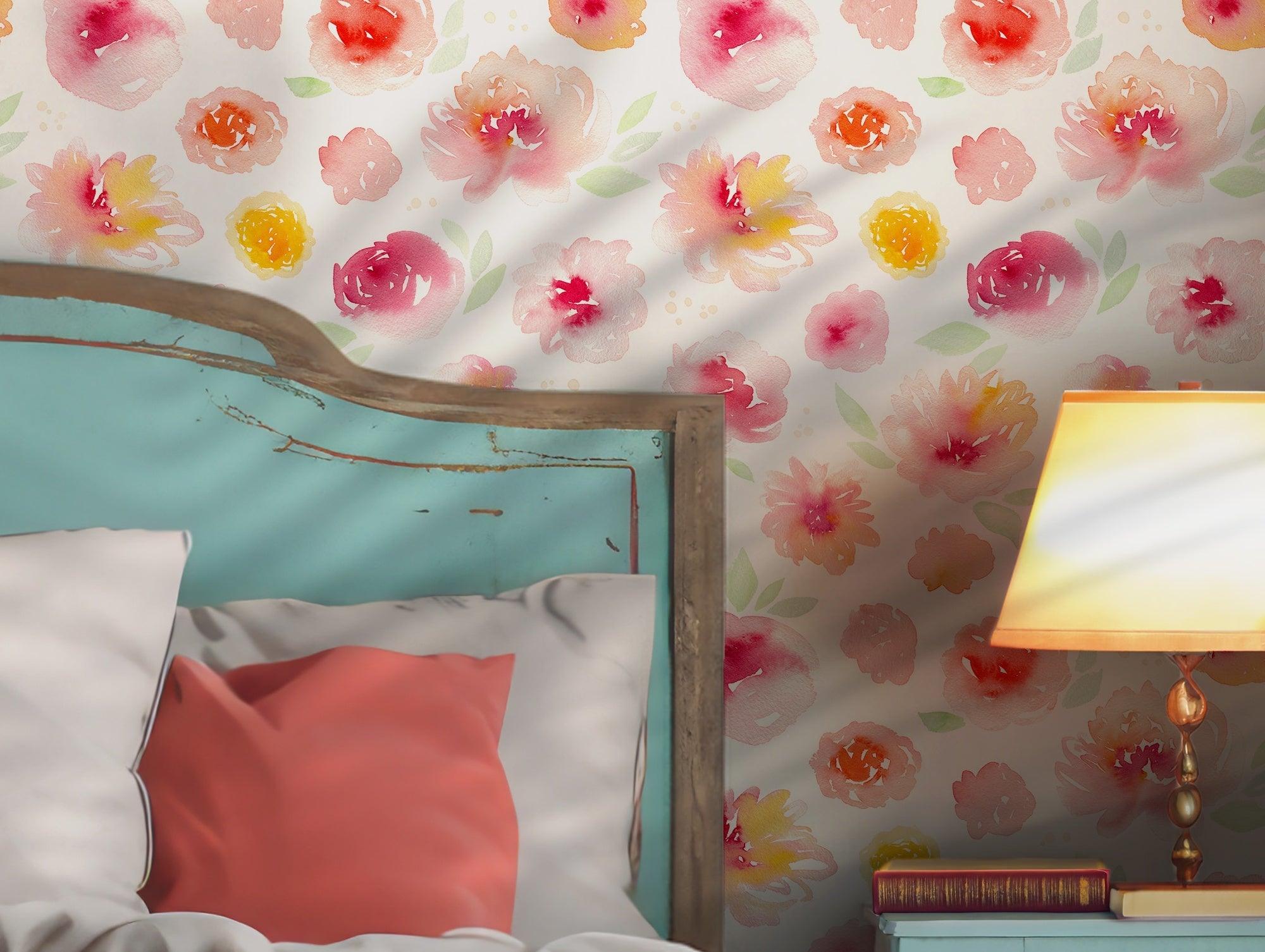 Pink and Yellow Flower Wallpaper - Peel and Stick - Charming Botanical BV086
