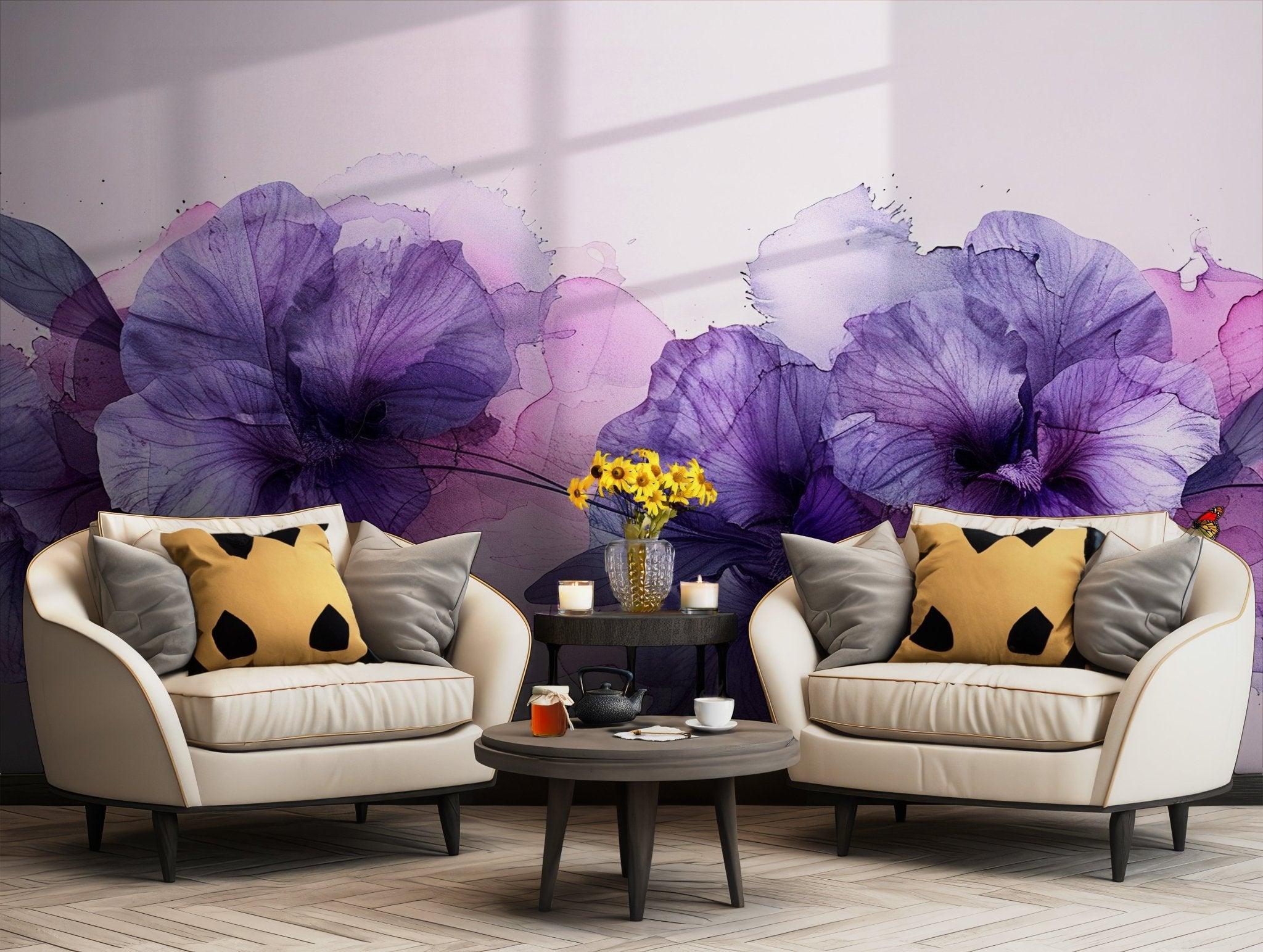Purple Floral Removable Wallpaper - Peel and Stick Wall Mural - Violet Floral Nature Girl Nursery BV110