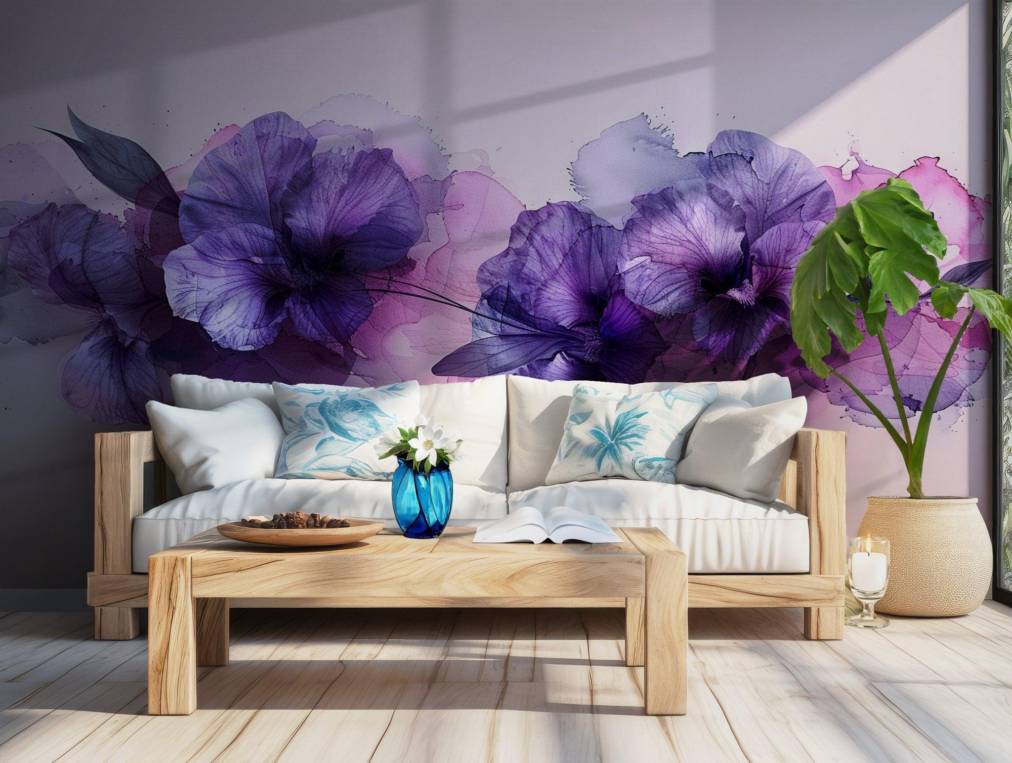 Purple Floral Removable Wallpaper - Peel and Stick Wall Mural - Violet Floral Nature Girl Nursery BV110