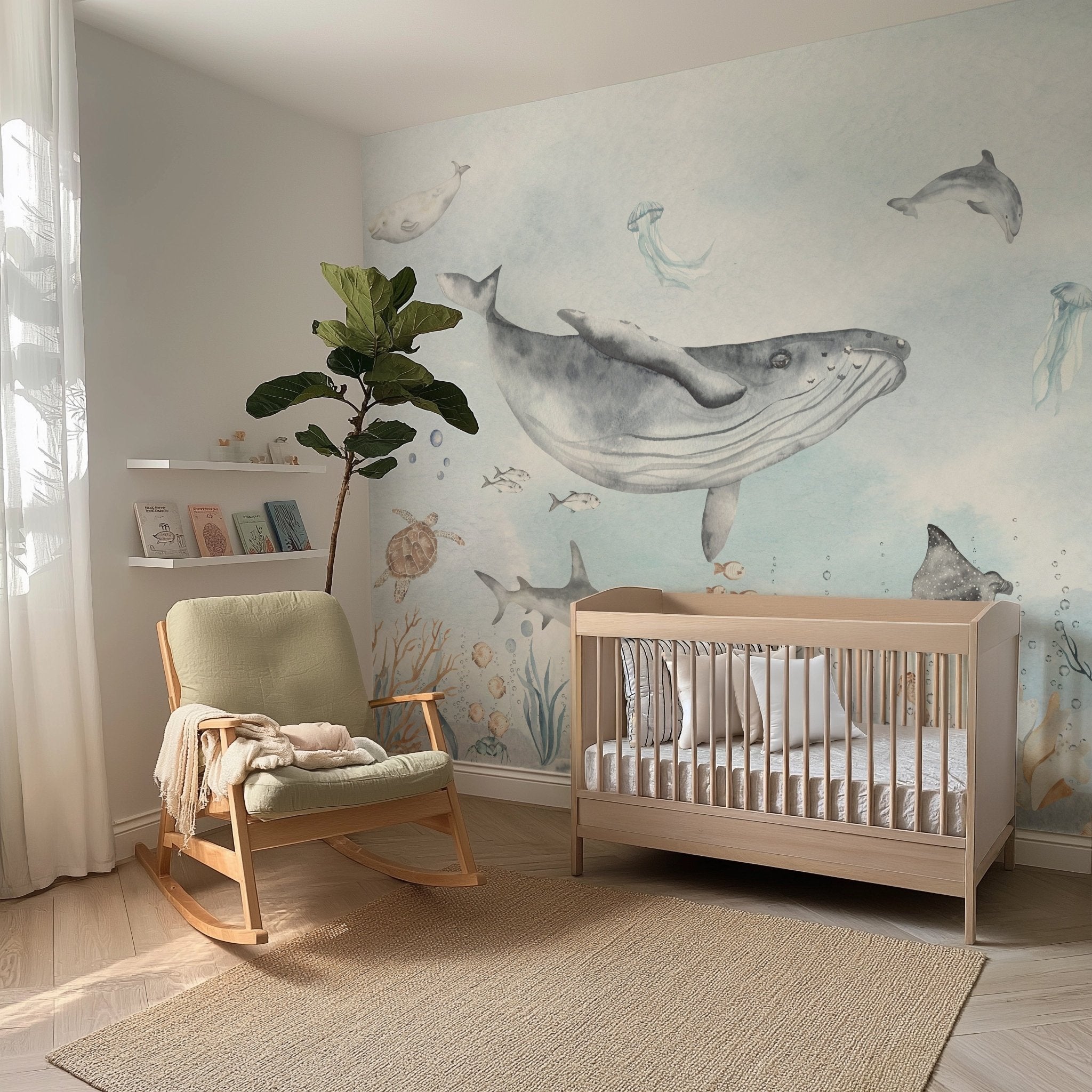 Watercolor Sea World Wall Mural - Whale Ocean Fish Shark Turtle Jellyfish - Kid Peel and Stick Wallpaper - Self Adhesive Nursery Decal BV350
