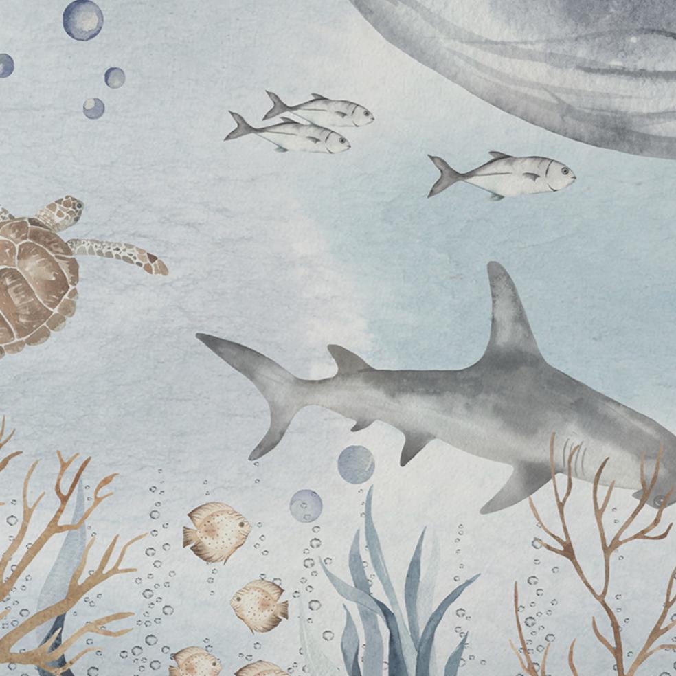 Watercolor Sea World Wall Mural - Whale Ocean Fish Shark Turtle Jellyfish - Kid Peel and Stick Wallpaper - Self Adhesive Nursery Decal BV350