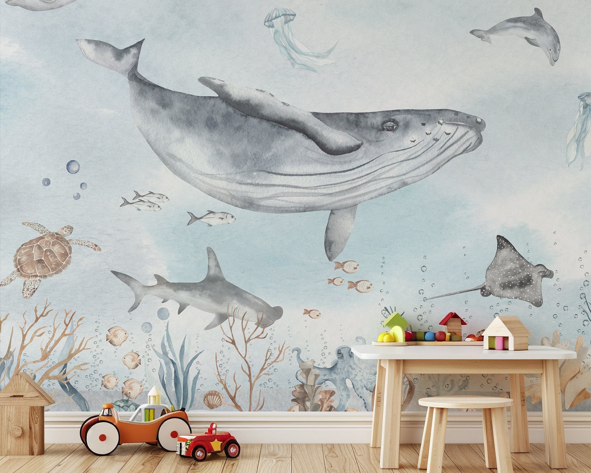 Watercolor Sea World Wall Mural - Whale Ocean Fish Shark Turtle Jellyfish - Kid Peel and Stick Wallpaper - Self Adhesive Nursery Decal BV350
