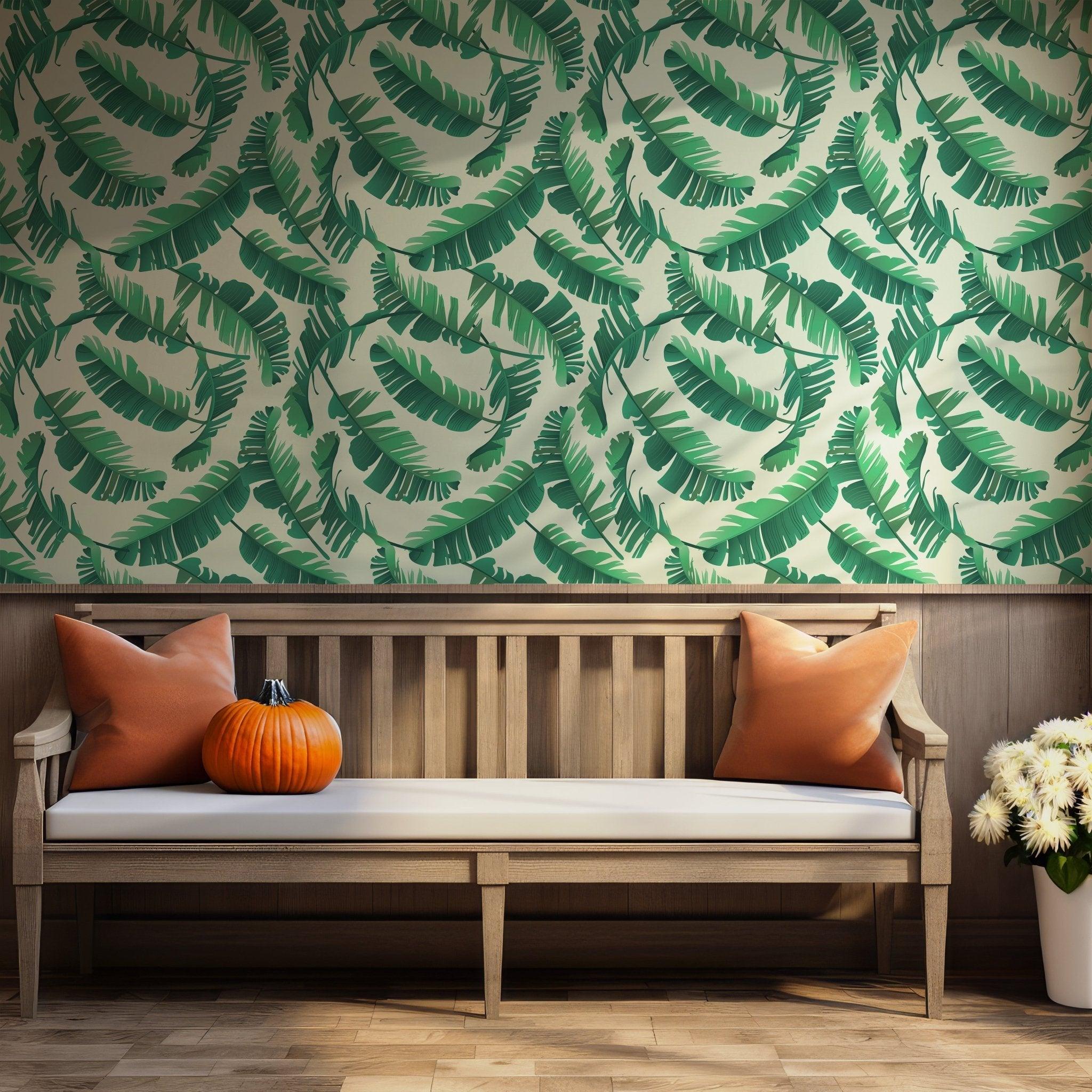Tropical Palm Leaves Wallpaper - Peel and Stick Wall Mural Decal - Watercolor Botanical Green BV087