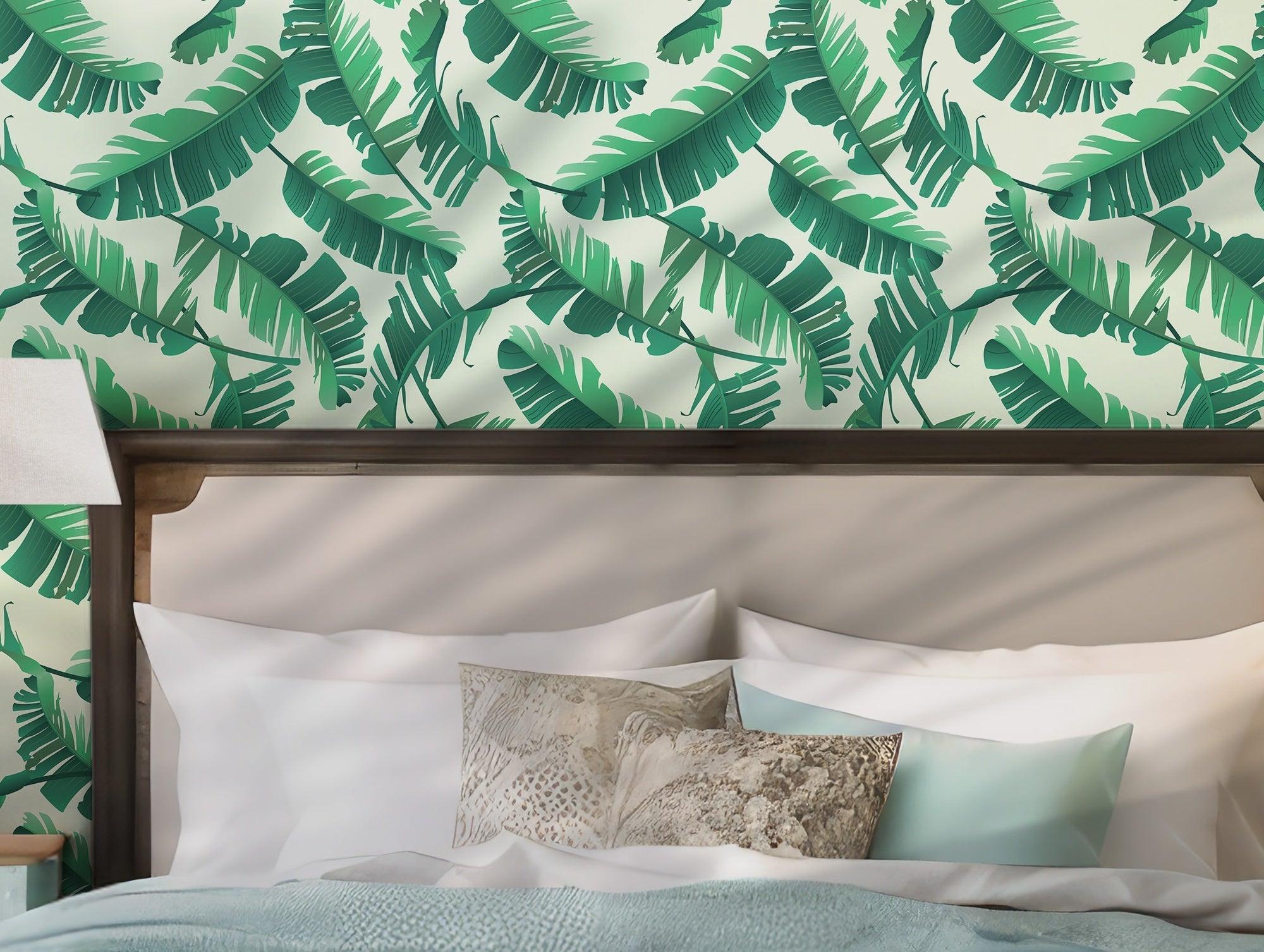 Tropical Palm Leaves Wallpaper - Peel and Stick Wall Mural Decal - Watercolor Botanical Green BV087
