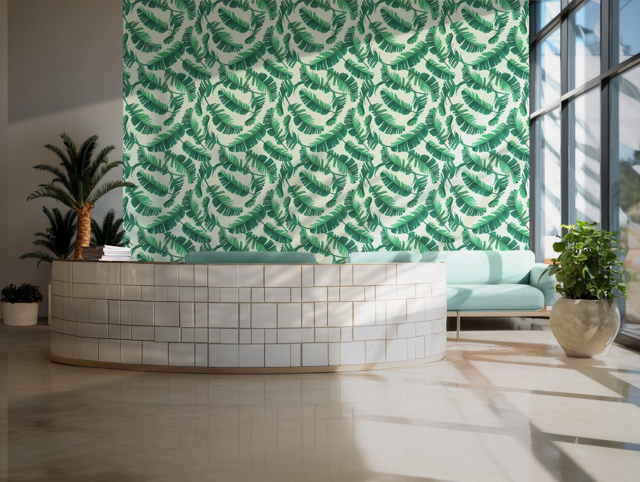 Tropical Palm Leaves Wallpaper - Peel and Stick Wall Mural Decal - Watercolor Botanical Green BV087