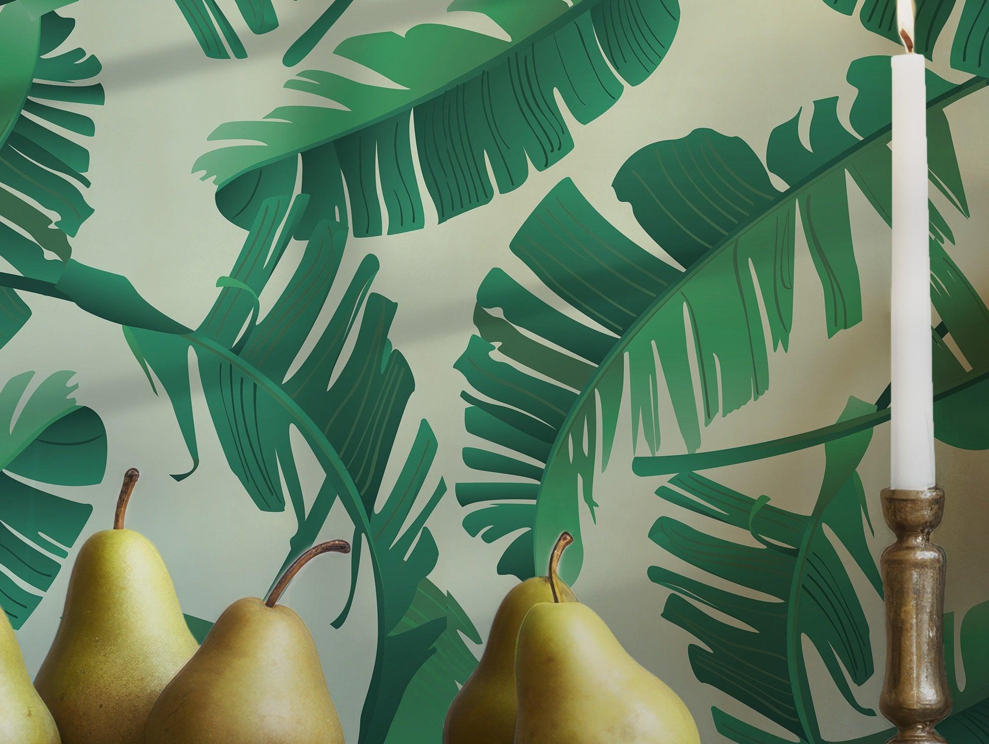 Tropical Palm Leaves Wallpaper - Peel and Stick Wall Mural Decal - Watercolor Botanical Green BV087