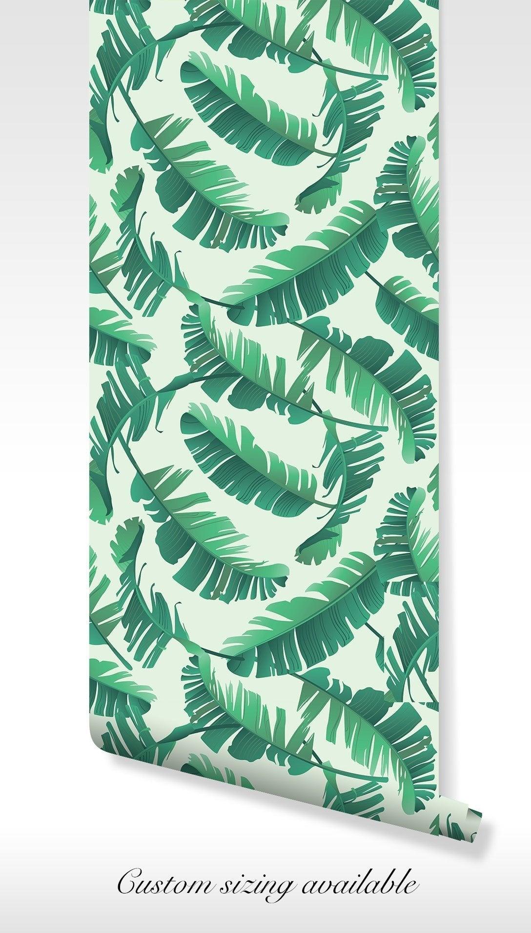 Tropical Palm Leaves Wallpaper - Peel and Stick Wall Mural Decal - Watercolor Botanical Green BV087