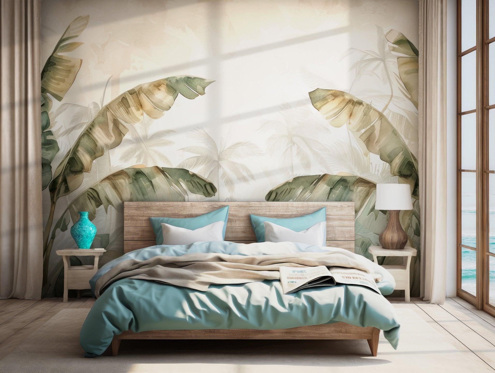 Botanical Palm Tropical Wallpaper - Peel and Stick Wall Mural - Green Leaves Nature Removable BV102
