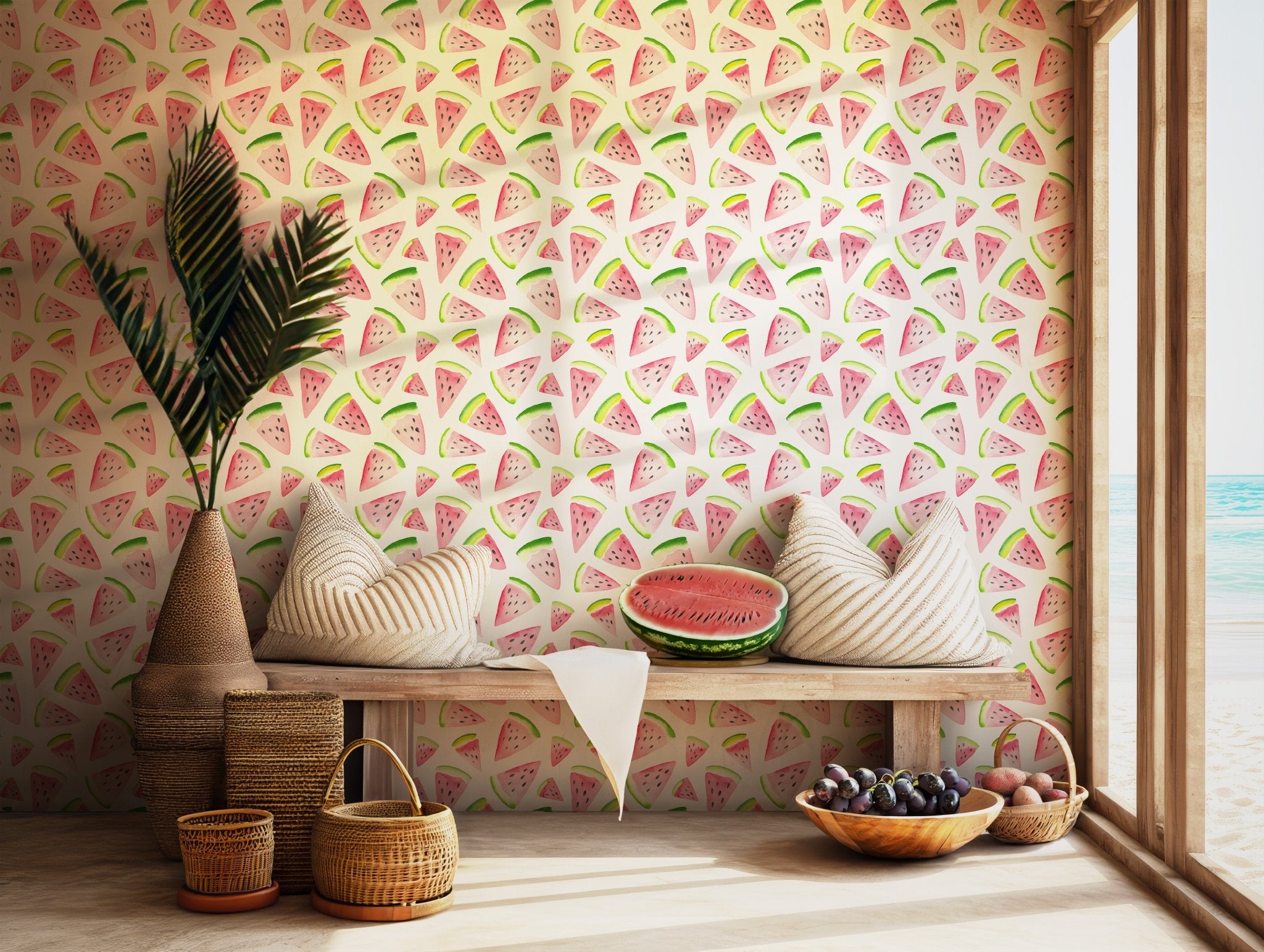 Watercolor Watermelon Fun Peel and Stick Self Adhesive Wallpaper Removable Summer Fruit Fresh Playful BV085