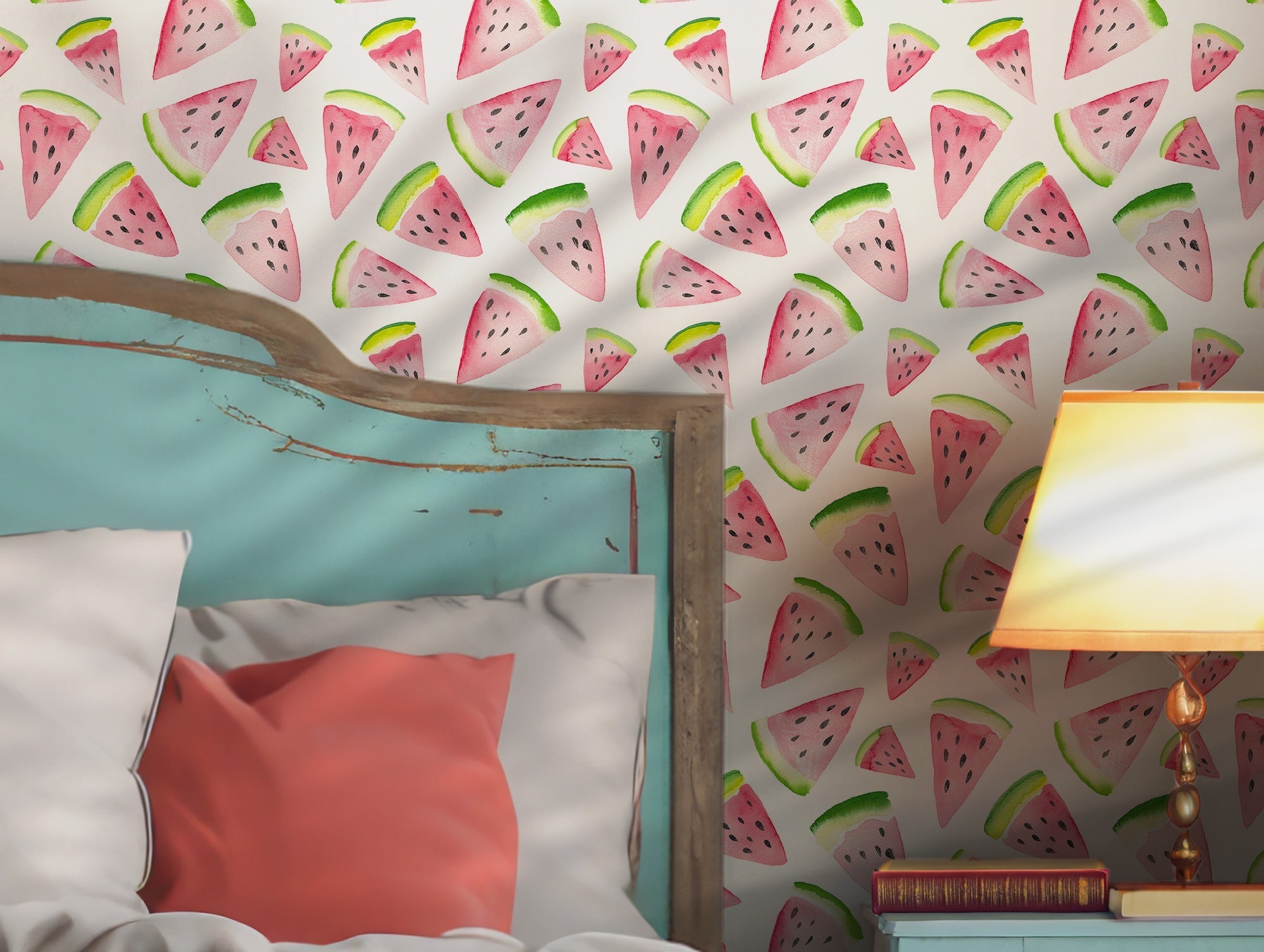 Watercolor Watermelon Fun Peel and Stick Self Adhesive Wallpaper Removable Summer Fruit Fresh Playful BV085