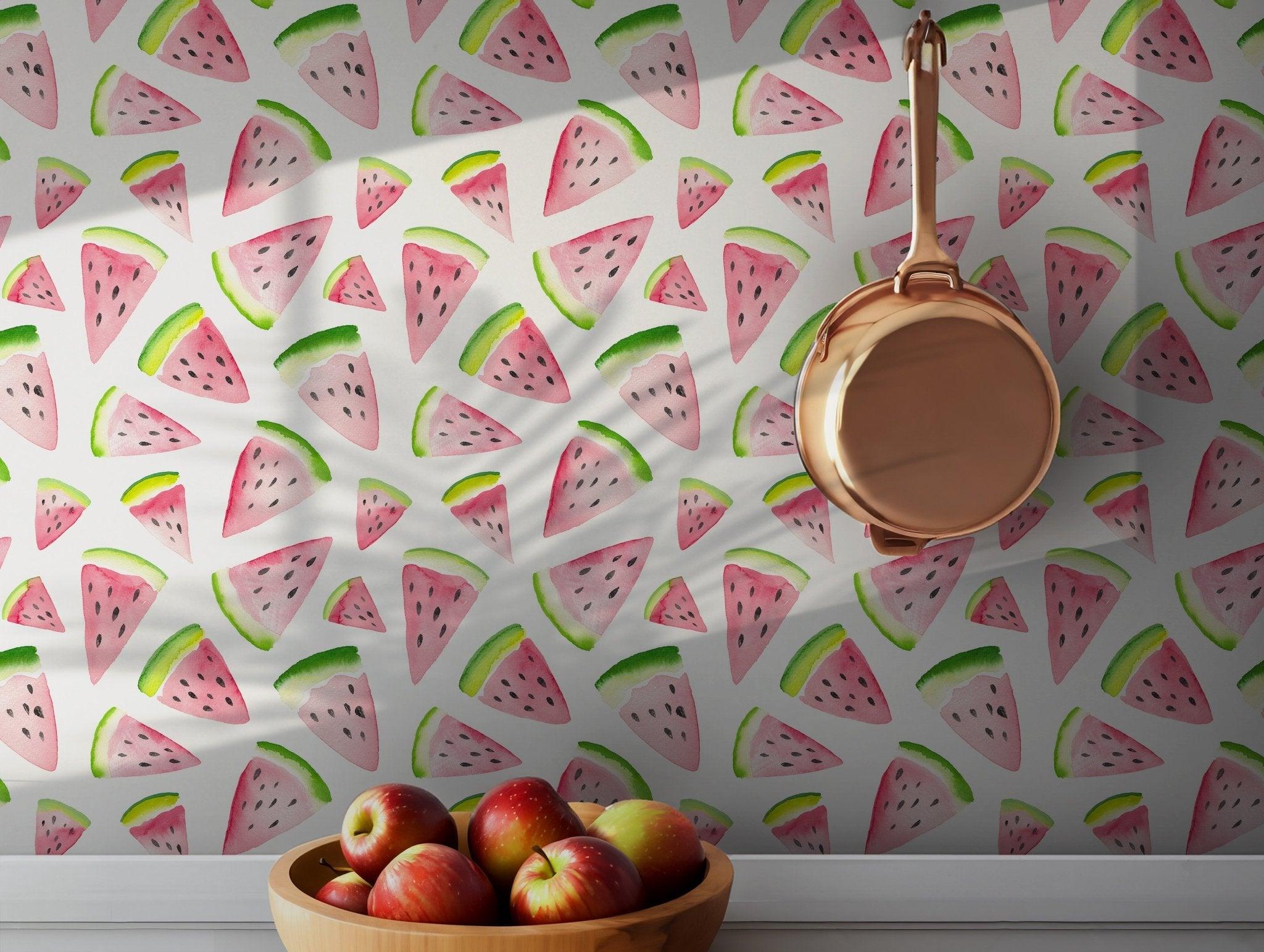 Kitchen Fun Wallpaper - Peel and Stick Self Adhesive - Watermelon Summer Fruit Fresh Playful BV085