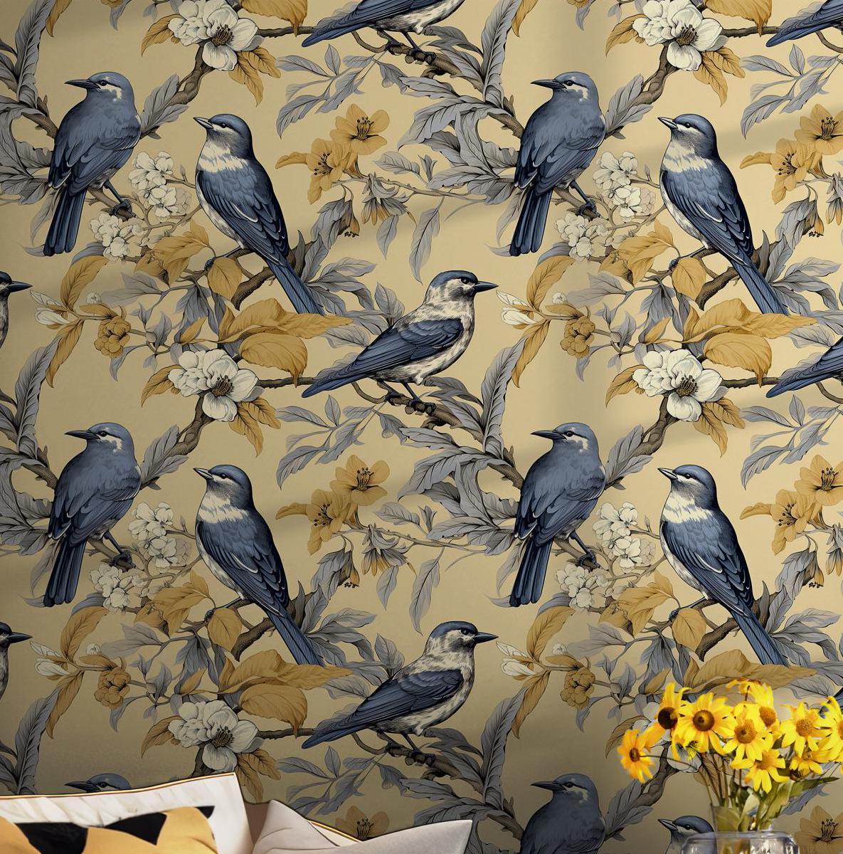 Western Jackdaw Blue White Birds Peel and Stick Self Adhesive Wallpaper Perched on Branches by a Canal Nature BV171 5