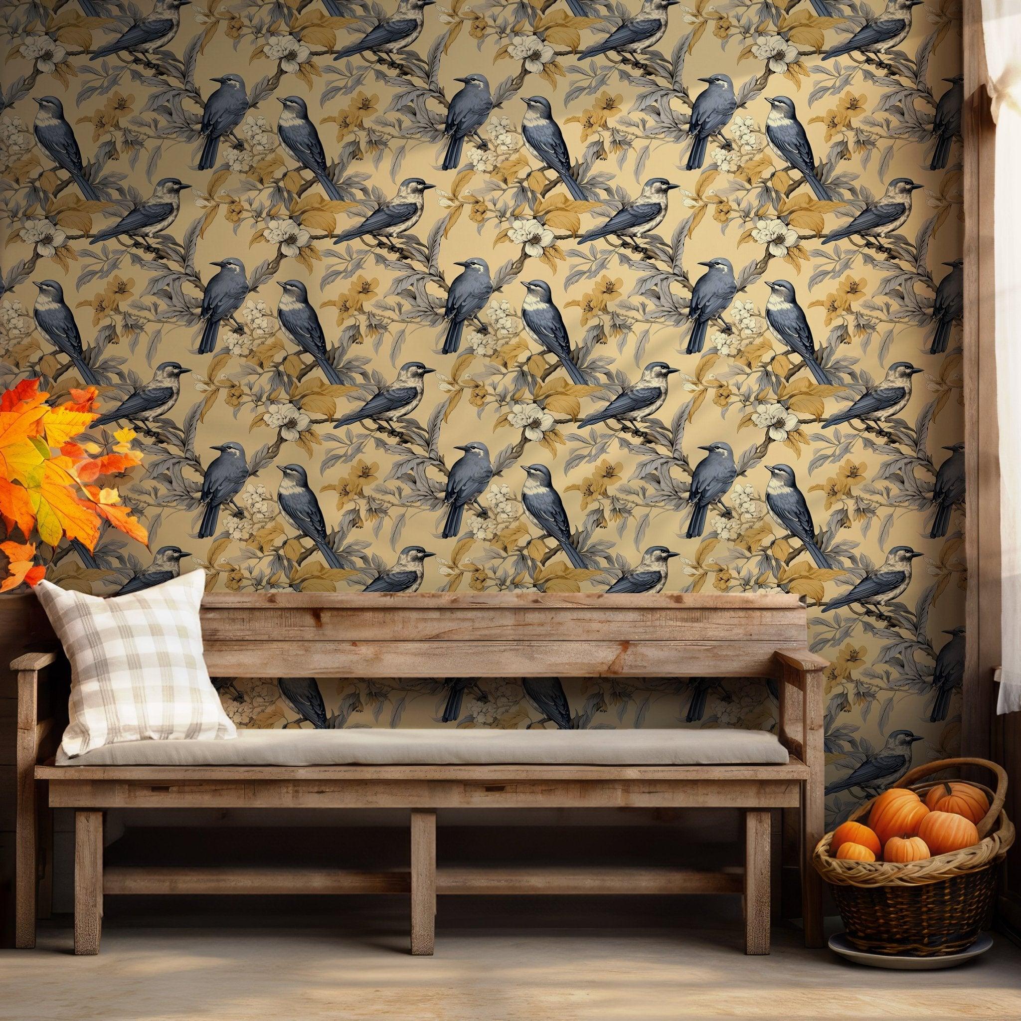 Western Jackdaw Blue White Birds Peel and Stick Self Adhesive Wallpaper Perched on Branches by a Canal Nature BV171 2