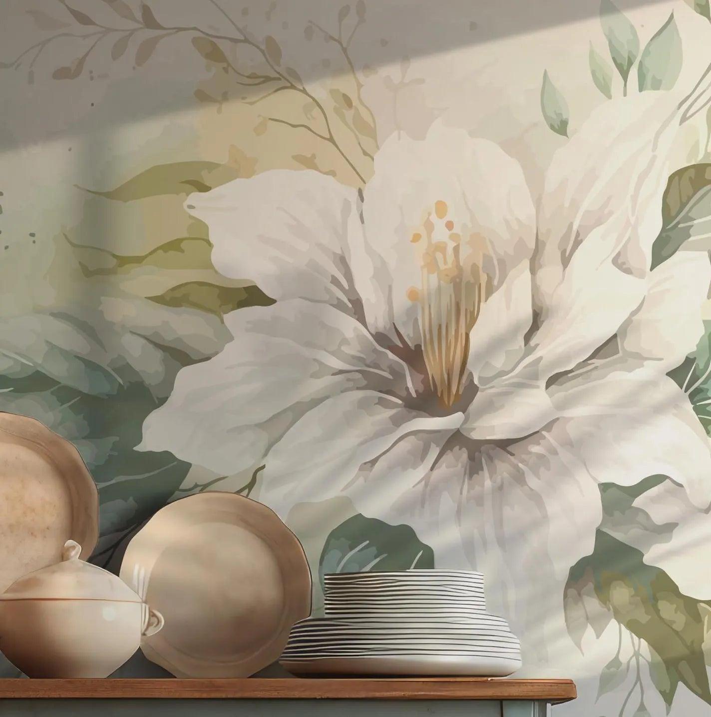 White Floral Watercolor Wallpaper - Green and Beige Accents Peel and Stick Wall Mural Soft Vintage BV296