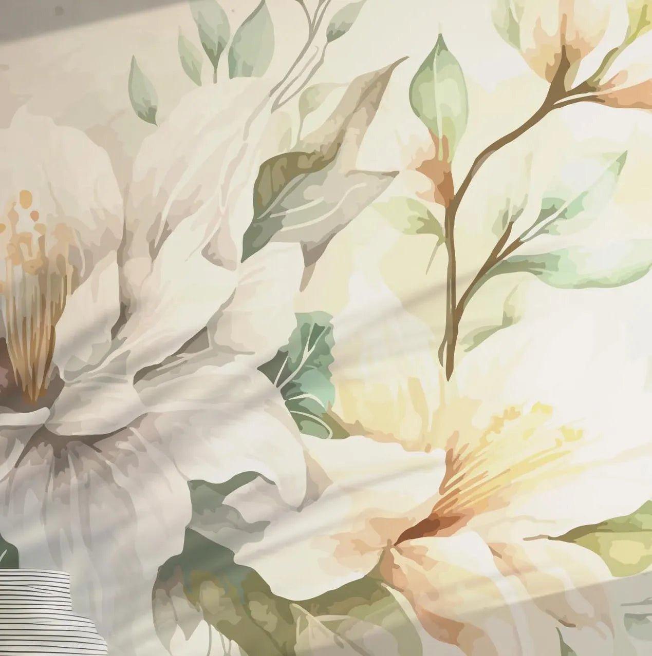 White Floral Watercolor Wallpaper - Green and Beige Accents Peel and Stick Wall Mural Soft Vintage BV296