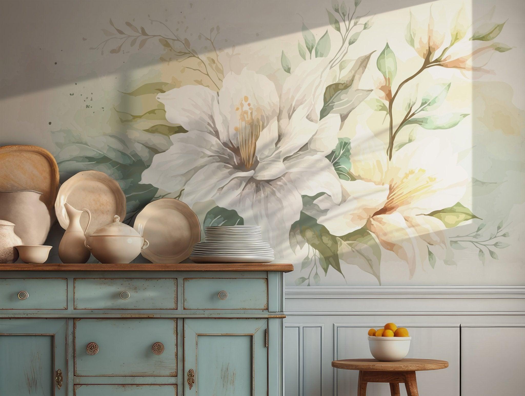 White Floral Watercolor Wallpaper - Green and Beige Accents Peel and Stick Wall Mural Soft Vintage BV296