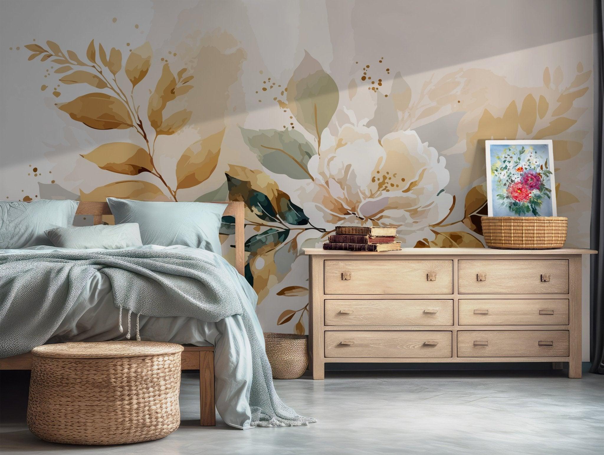 White Gold Floral Wallpaper - Self Adhesive Peel and Stick Wall Mural - Watercolor Botanical Green Leaves BV189