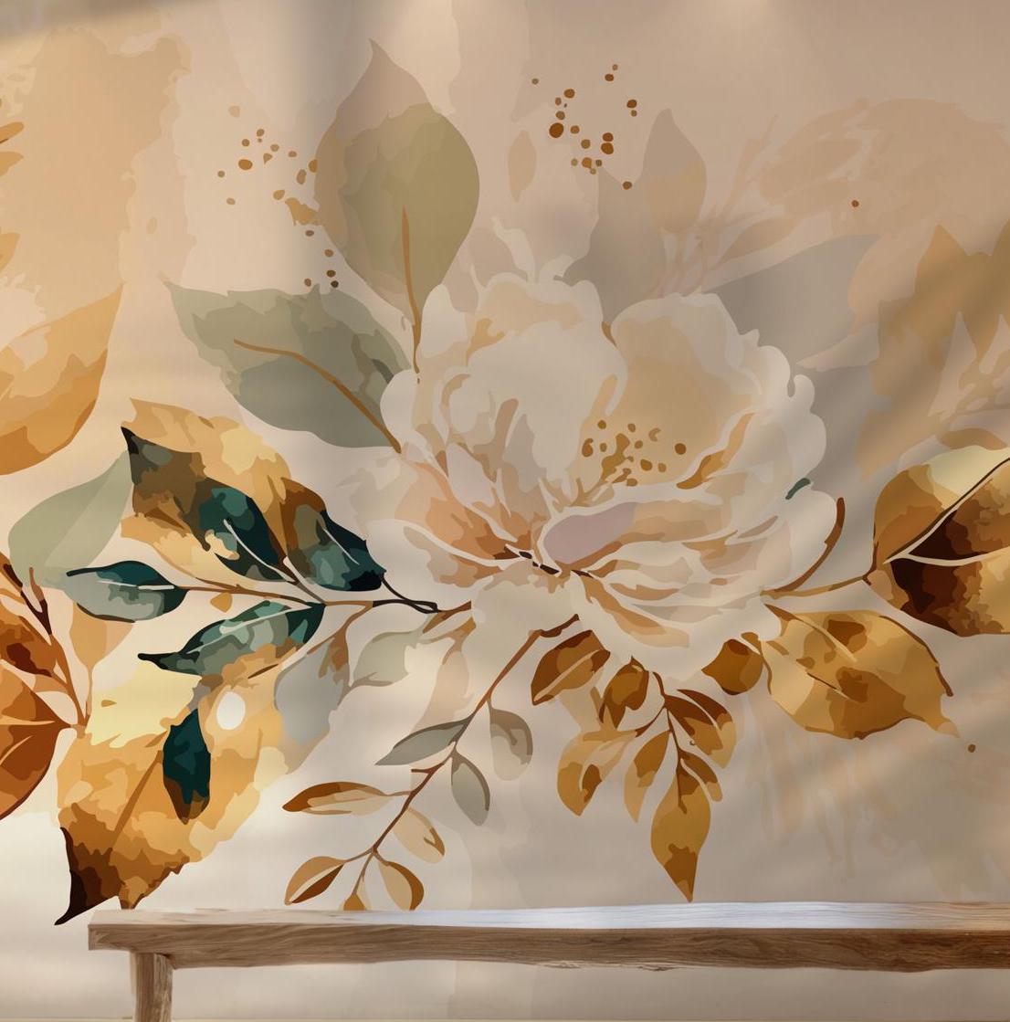 White Gold Floral Wallpaper - Self Adhesive Peel and Stick Wall Mural - Watercolor Botanical Green Leaves BV189