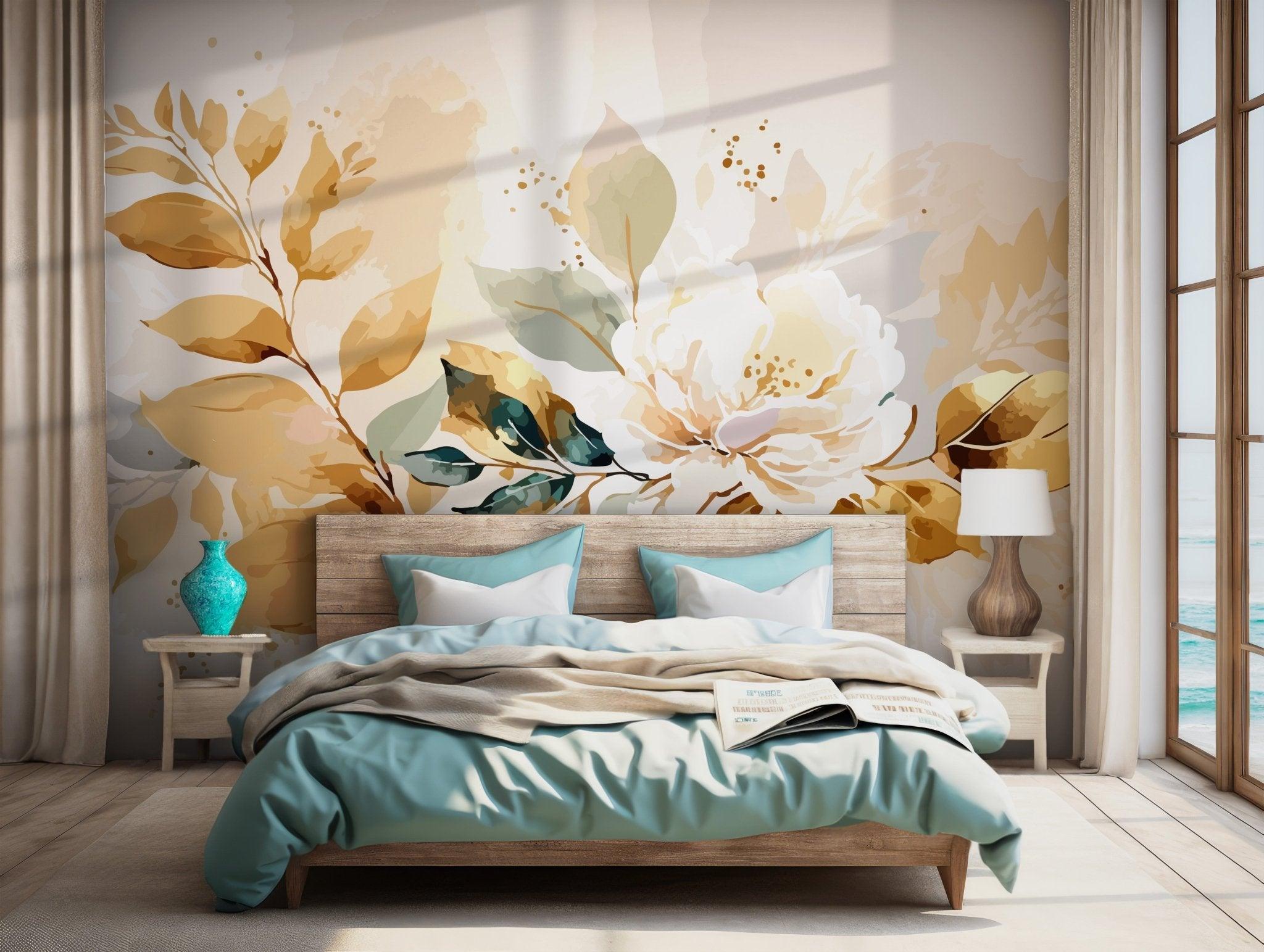 White Gold Floral Wallpaper - Self Adhesive Peel and Stick Wall Mural - Watercolor Botanical Green Leaves BV189