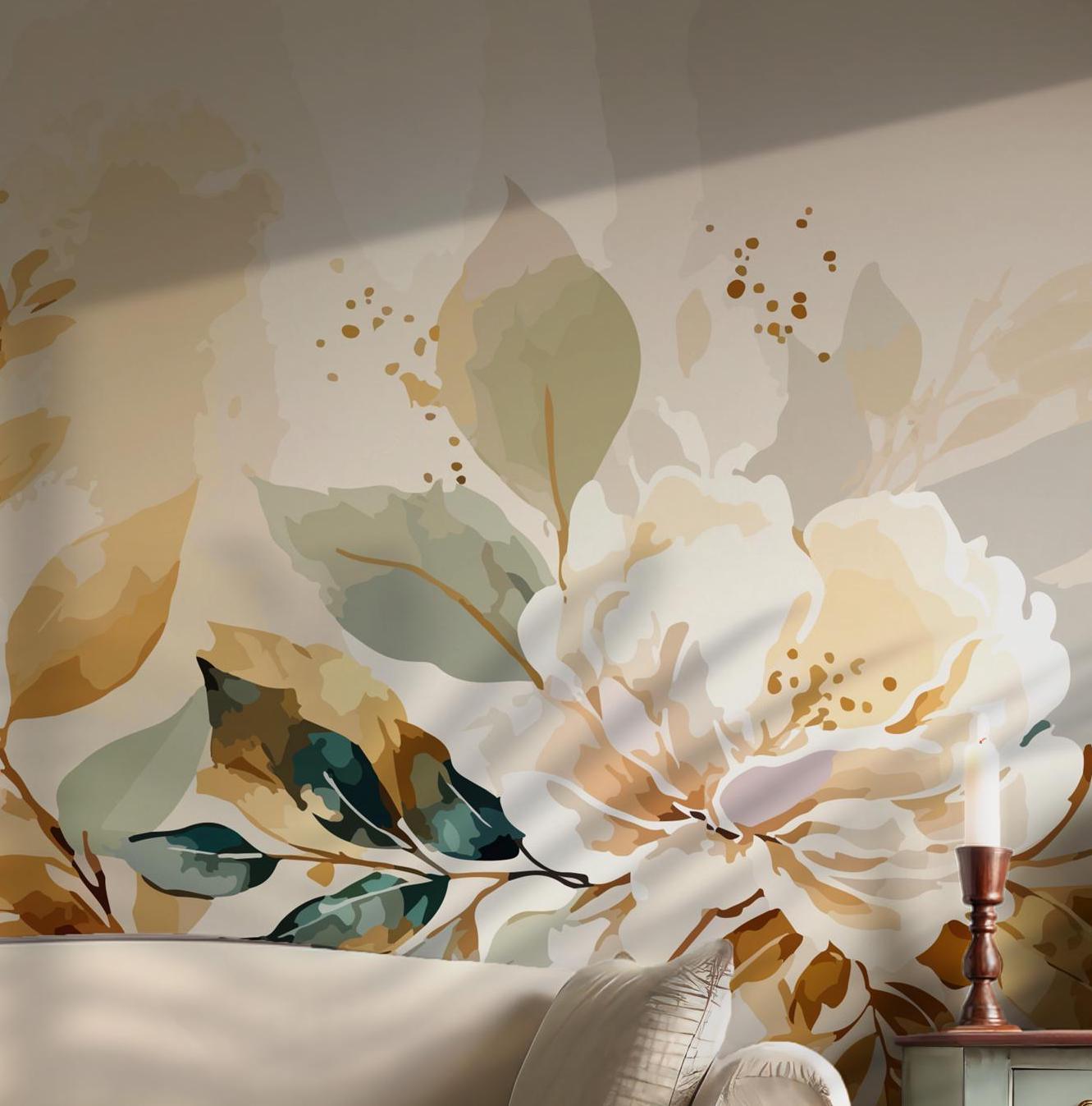 White Gold Floral Wallpaper - Self Adhesive Peel and Stick Wall Mural - Watercolor Botanical Green Leaves BV189