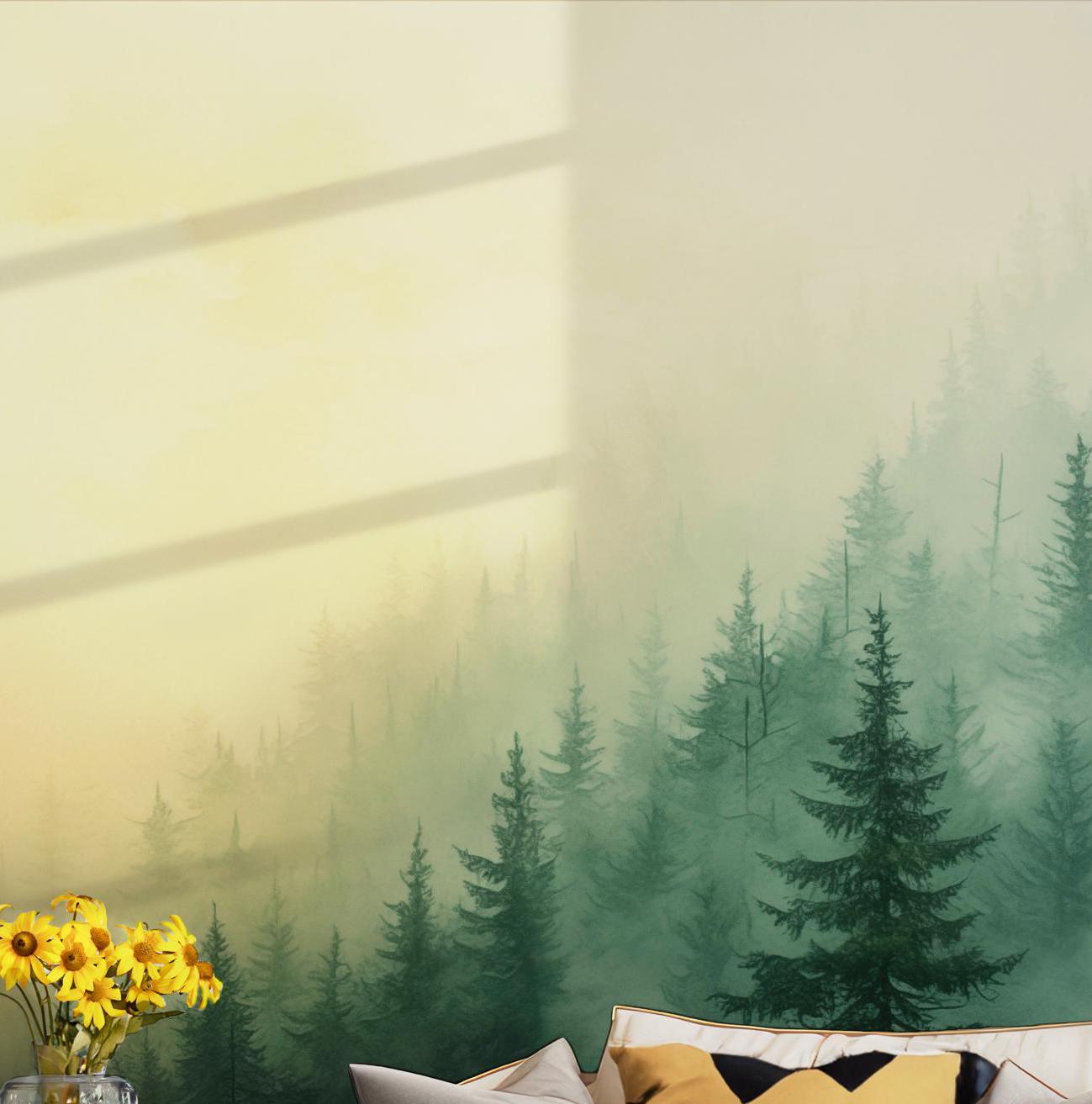 Woodland Forest Wallpaper - Peel and Stick Wall Mural - Fairy Pine Tree Watercolor Kids Nursery BV106