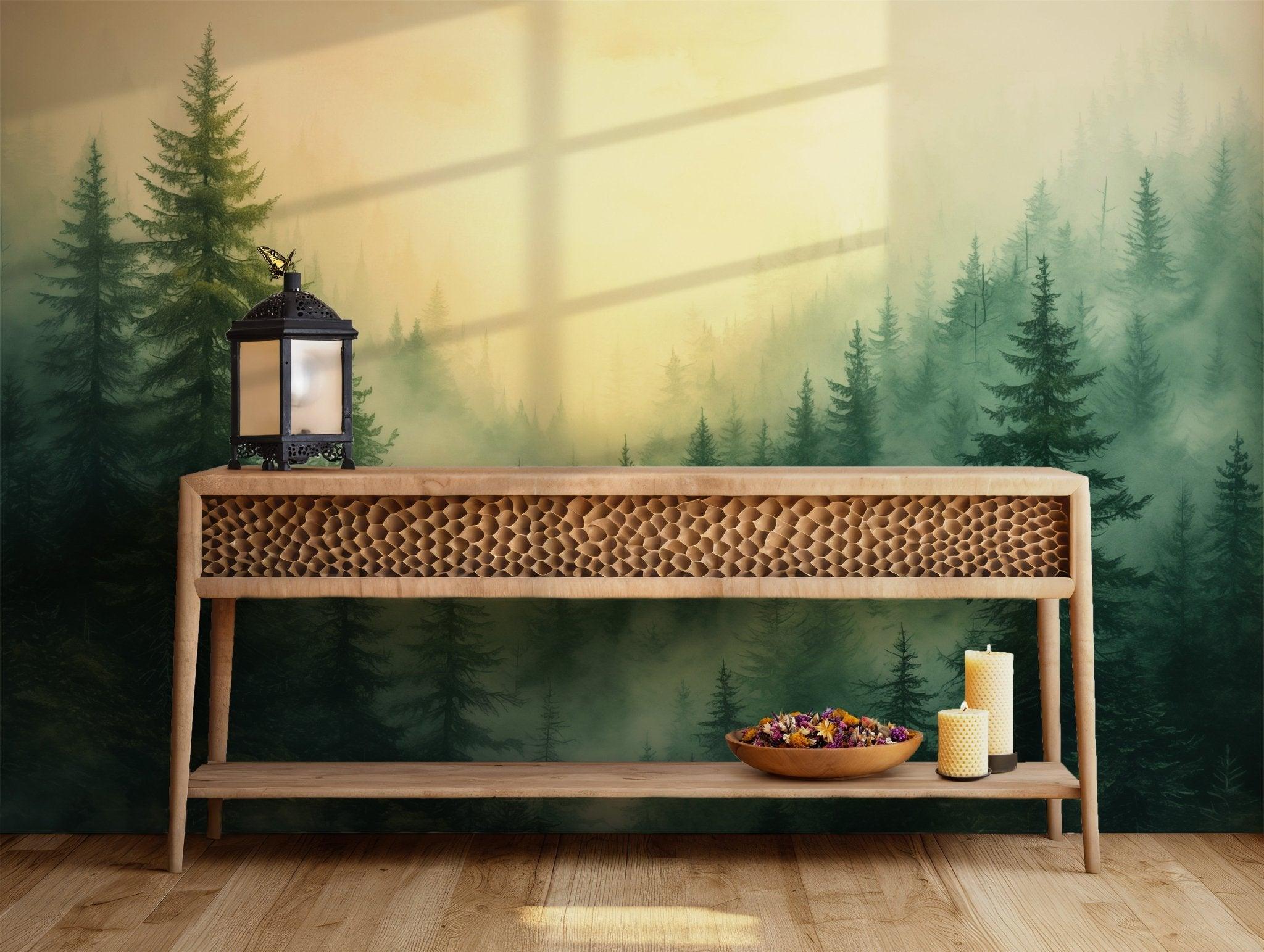 Woodland Forest Wallpaper - Peel and Stick Wall Mural - Fairy Pine Tree Watercolor Kids Nursery BV106