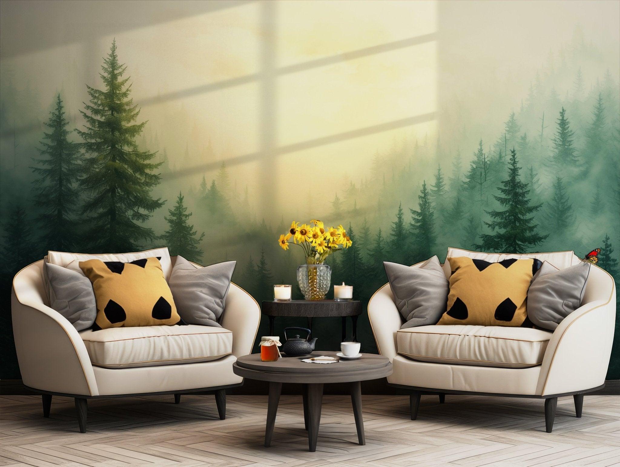 Woodland Forest Wallpaper - Peel and Stick Wall Mural - Fairy Pine Tree Watercolor Kids Nursery BV106