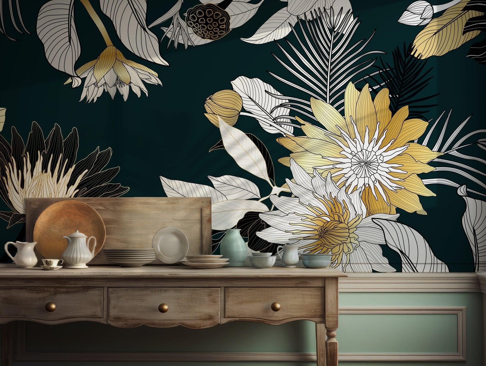 Yellow and White Floral Wallpaper - Self Adhesive Wall Mural - Elegant Botanical Modern BV274