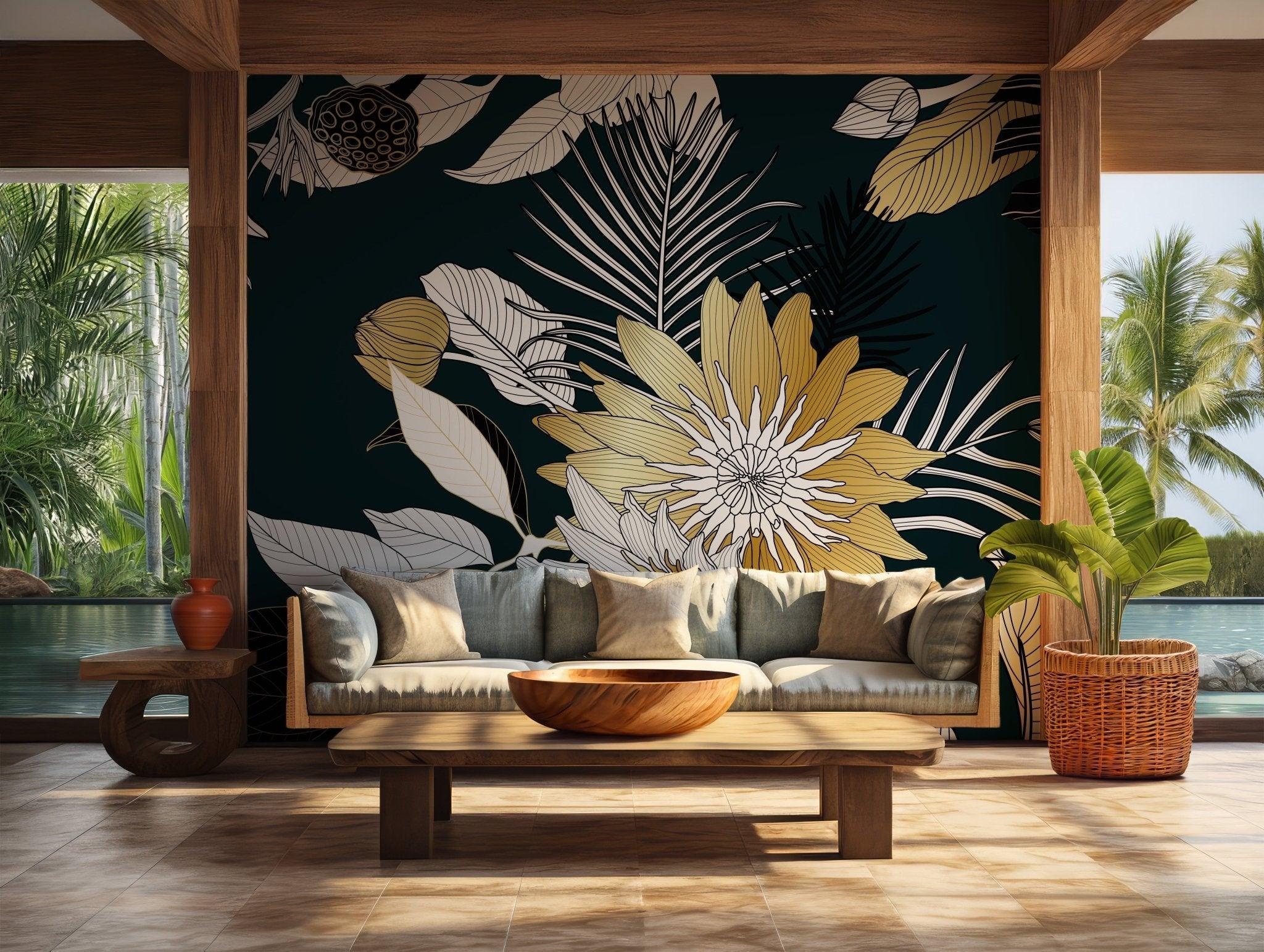 Yellow and White Floral Wallpaper - Self Adhesive Wall Mural - Elegant Botanical Modern BV274