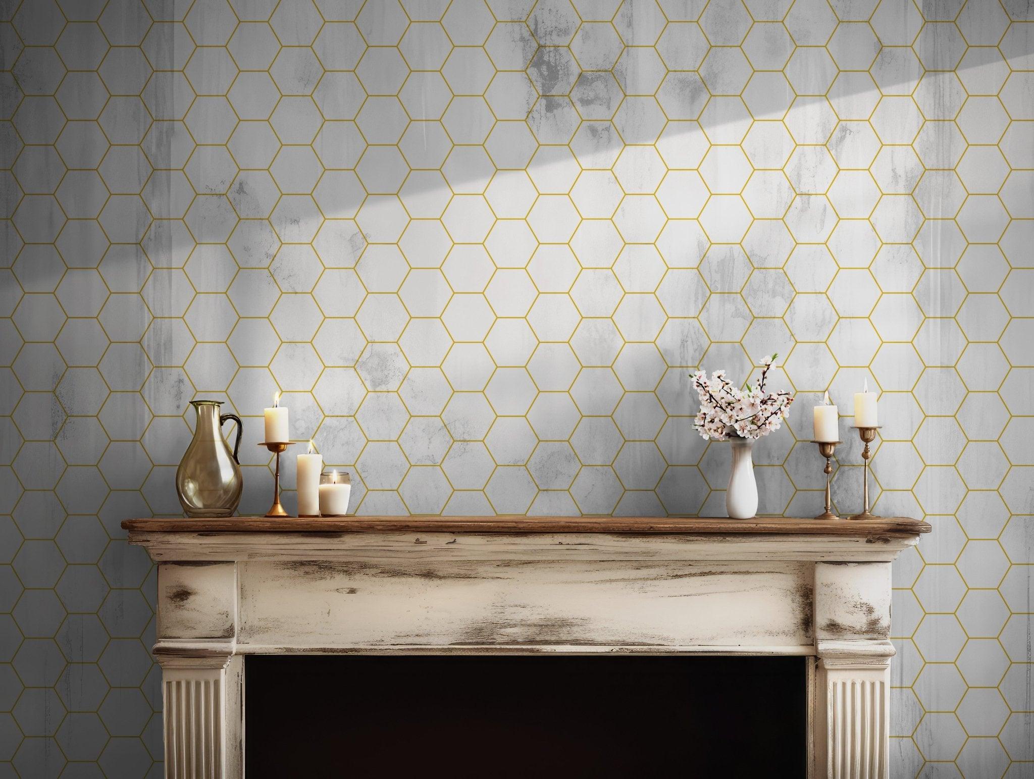 Yellow Hexagon Boho Wallpaper - Self Adhesive Peel and Stick - Honeycomb Chic Stylish Bee Hive BV222