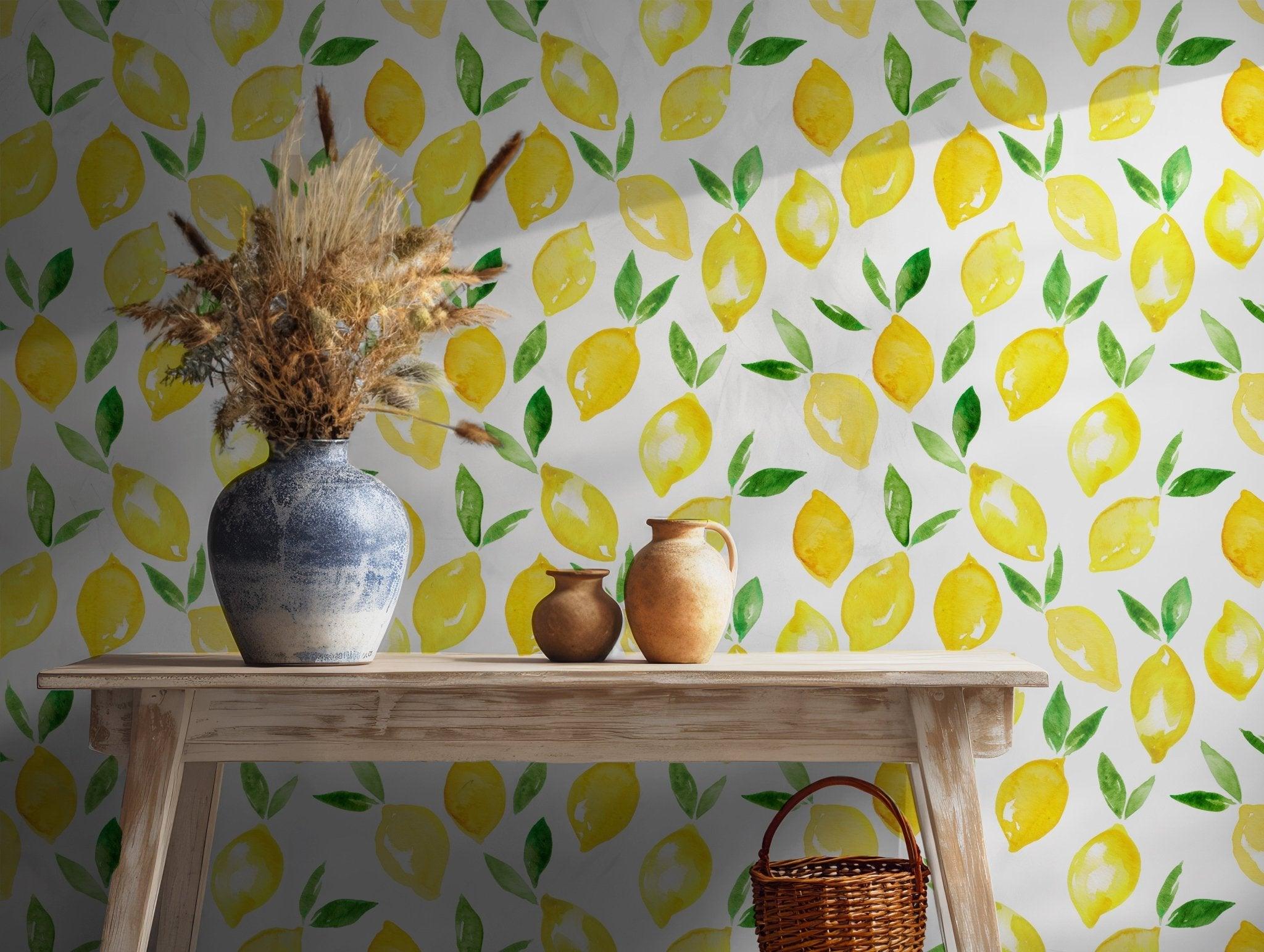 Yellow Lemon Watercolor Peel and Stick Wallpaper - Kitchen Removable Wall Decal BV125